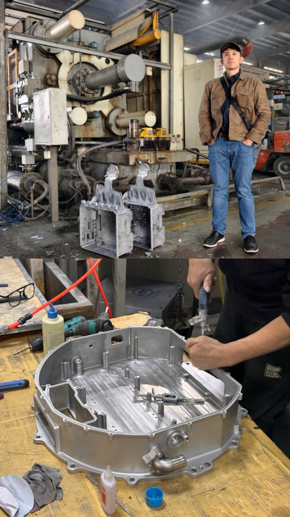 Bert standing in a workshop beside large die-casting equipment and parts.