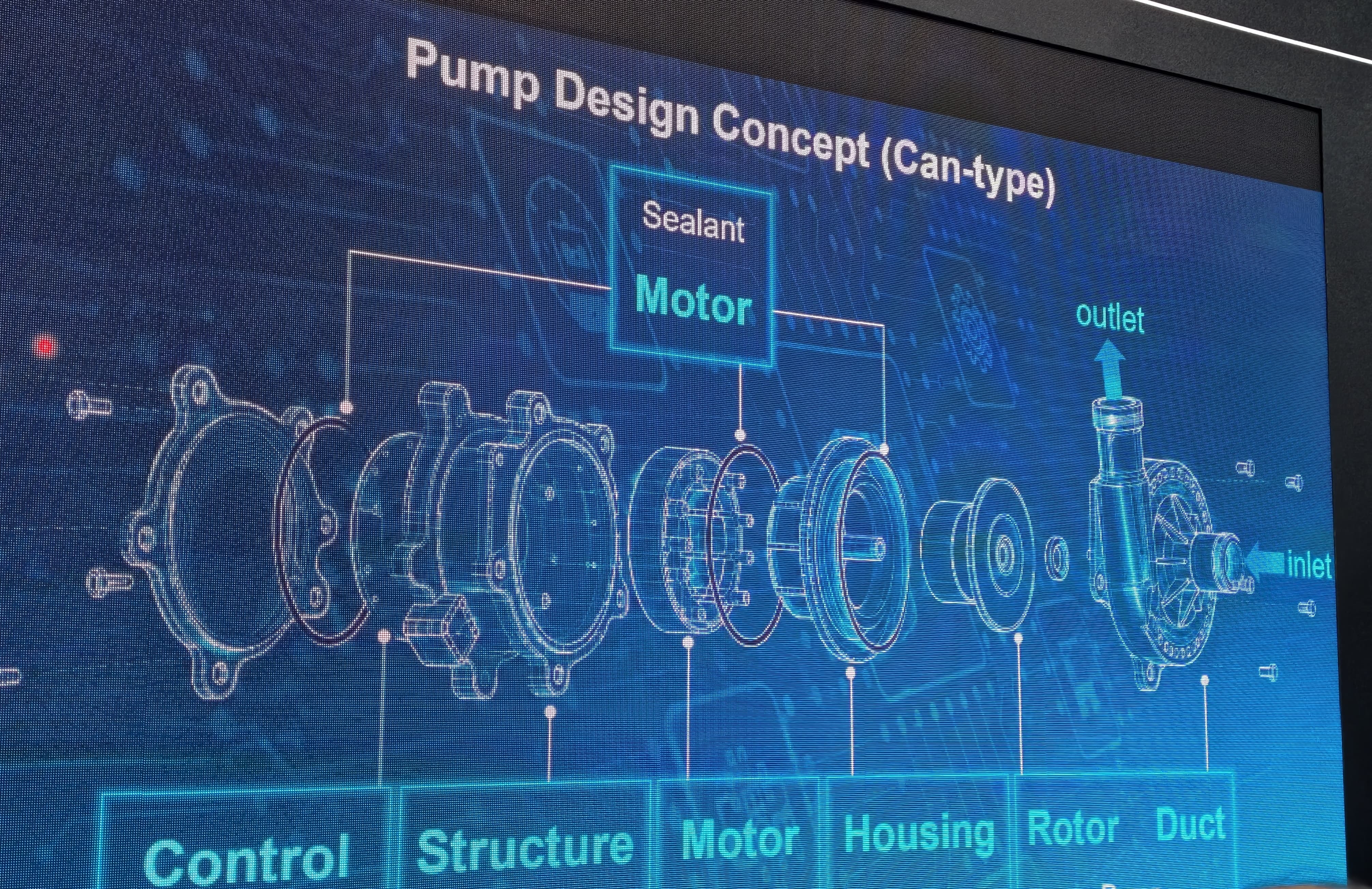 Exploded view of Delta pump design concept for AI cooling infrastructure.