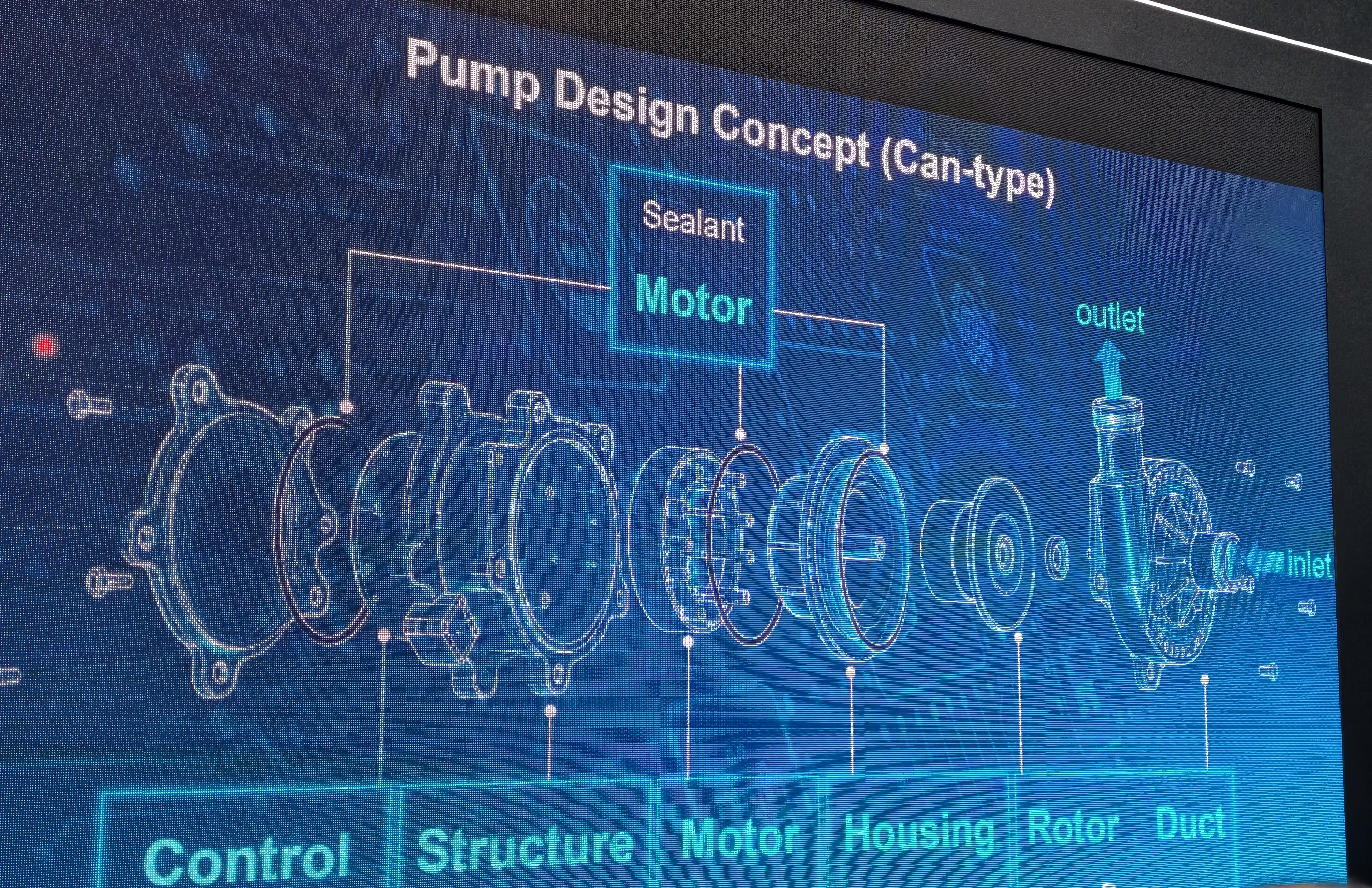 Exploded view of Delta pump design concept for AI cooling infrastructure.