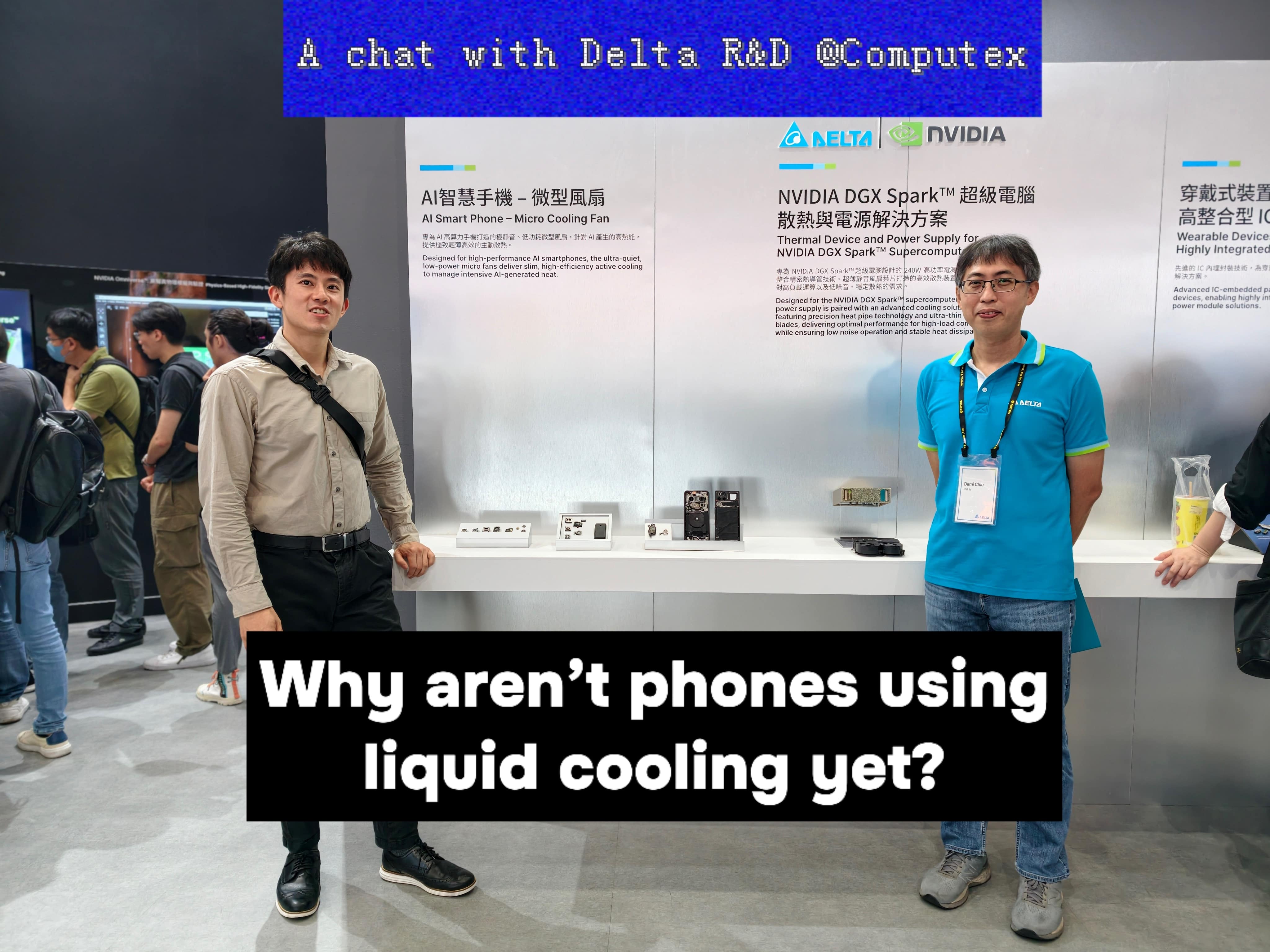 Bert with Delta R&D at Computex discussing AI smartphone micro cooling fans and thermal device solutions.
